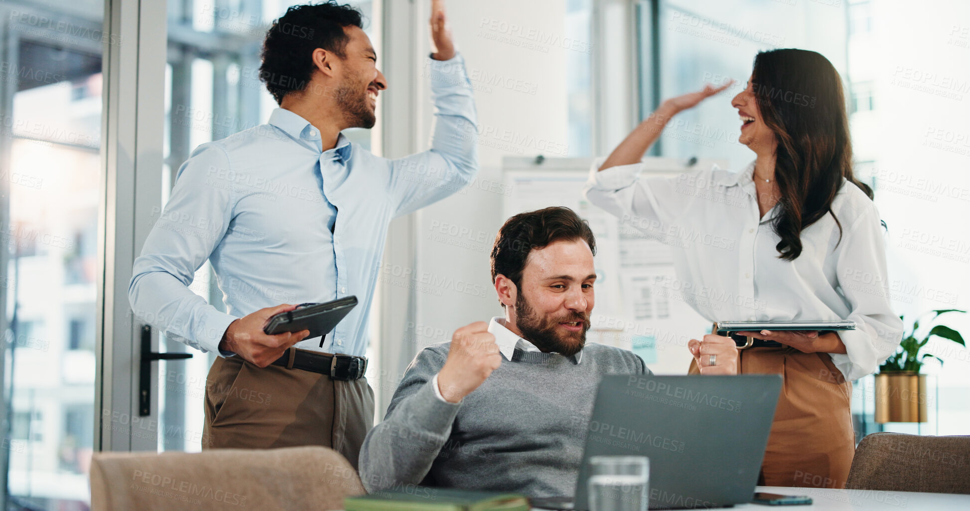 Buy stock photo Financial advisor, high five and people with laptop, celebration and feedback for investment deal. Group, investor and men with woman, gesture and pc with success, achievement and profit increase