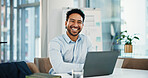 Portrait, employee and man with laptop , boardroom or financial analyst with smile for career growth. Happy, person and confident for wealth management with tech, online and investment on website