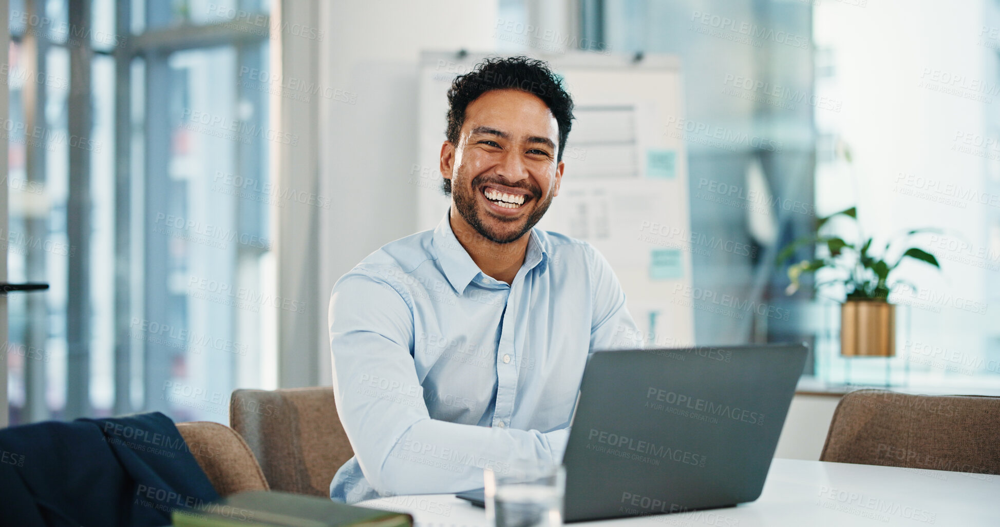 Buy stock photo Portrait, employee and man with laptop, boardroom or financial analyst with smile for career growth. Happy, person and confident for wealth management with tech, online and investment on website