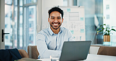 Buy stock photo Portrait, laptop and happy with business man in office for assets, account report and planning. Portfolio manager, broker review and online with person in agency for risk assessment and smile