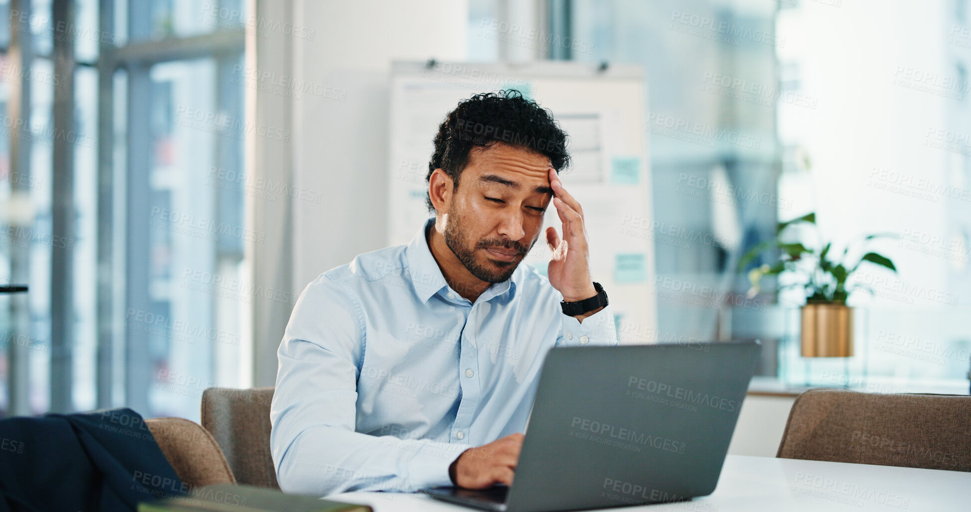 Buy stock photo Frustrated, businessman or laptop with headache, stress or fatigue for eye strain in office. Tired, man or employee with migraine, computer or pressure for project deadline or overworked in workplace