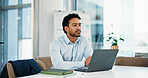 Businessman, laptop and thinking at office with review, planning and insight with report at investment agency. Person, advisor or broker with fintech, decision or asset management at finance company
