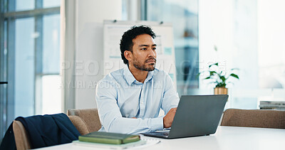 Buy stock photo Businessman, laptop and thinking at office with review, planning and insight with report at investment agency. Person, advisor or broker with fintech, decision or asset management at finance company