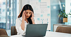Tired, woman or headache in office with laptop for business debt risk, financial crisis or problem. Exhausted person, migraine or computer with finance report, liquidation issue or bankruptcy notice.