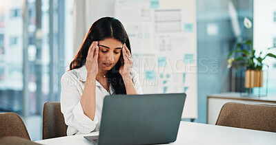 Buy stock photo Tired, woman or headache in office with laptop for business debt risk, financial crisis or problem. Exhausted person, migraine or computer with finance report, liquidation issue or bankruptcy notice.