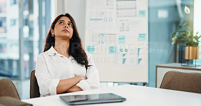 Buy stock photo Financial advisor, thinking and woman in office, arms crossed or planning for investment. Person, solution or investor with contemplation, pride or problem solving with decision for trading portfolio