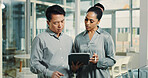Teamwork, conversation and business people in office, tablet and financial advisor with internet. Employees, man and woman in workplace, tech or research for economy analysis and investment portfolio
