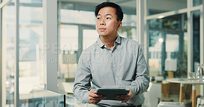 Buy stock photo Business, tablet and thinking with Asian man in office for planning, problem solving or research. App, schedule and vision with corporate employee in workplace for company agenda or management