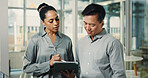 Teamwork, discussion and business people in office, tablet and financial advisor with feedback. Employees, man and woman with tech, planning or research for economy analysis and investment portfolio