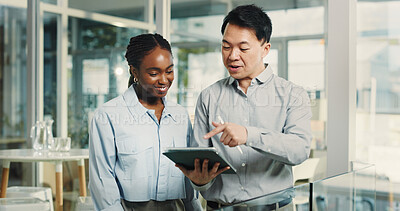 Buy stock photo Teamwork, conversation and business people with tablet, smile or financial advisor with internet. Employees, man or woman with tech, app or research for economy analysis or report for profit increase