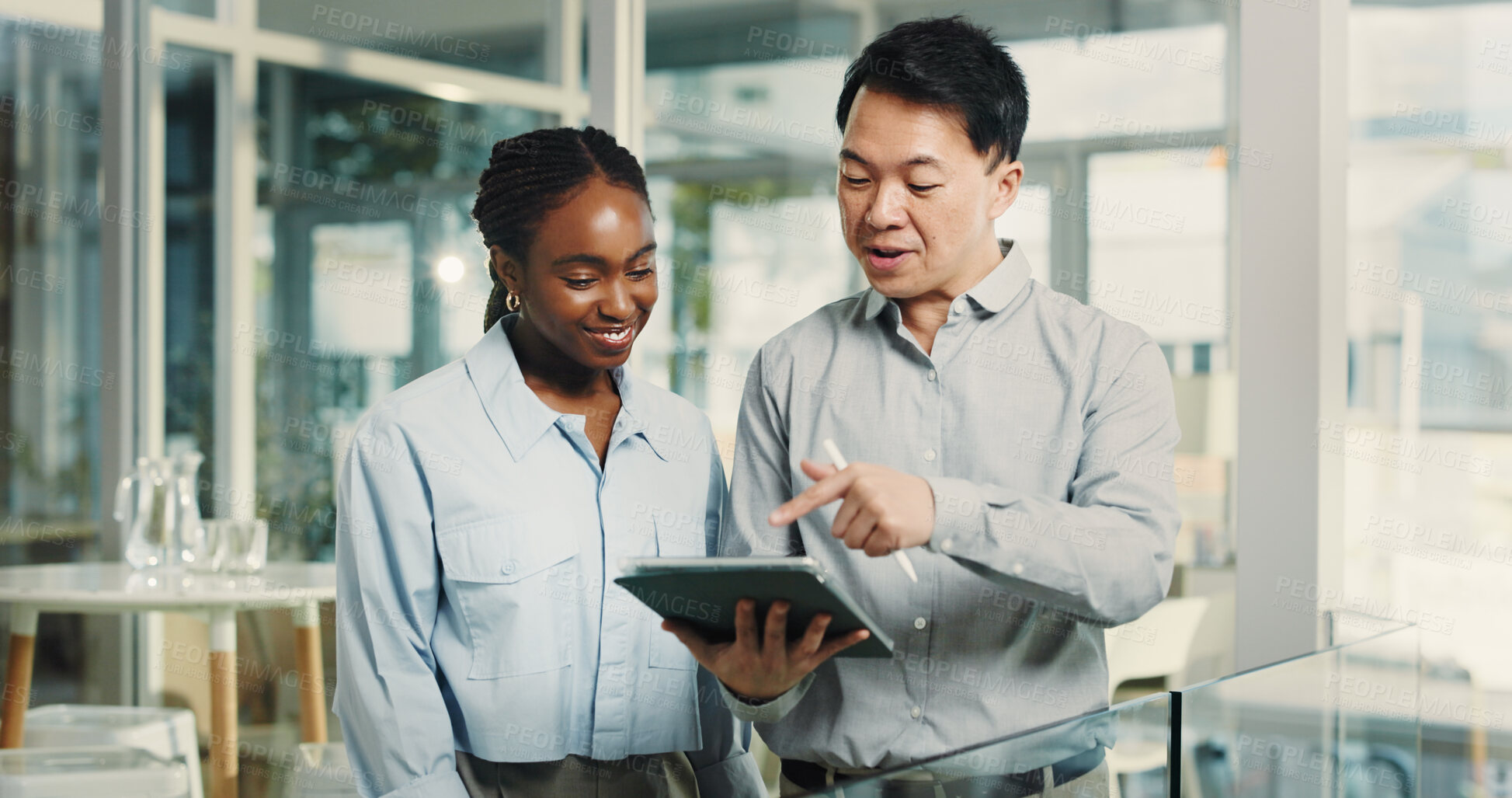 Buy stock photo Teamwork, conversation and business people with tablet, smile or financial advisor with internet. Employees, man or woman with tech, app or research for economy analysis or report for profit increase