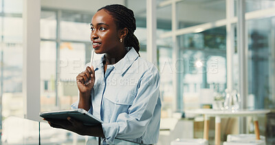 Buy stock photo Business, tablet and thinking with black woman in office for planning, problem solving or research. App, schedule and vision with African employee in workplace for company agenda or management