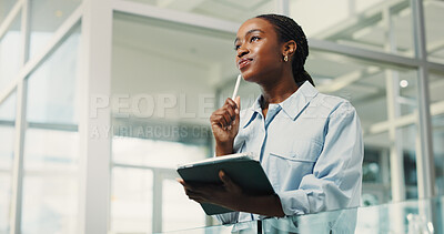 Buy stock photo Business, tablet and vision with black woman in office for planning, problem solving or research. App, schedule and thinking with African employee in workplace for company agenda or management