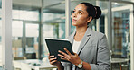 Planning, tablet and thinking with business woman in office for planning, problem solving or research. App, ideas and vision with corporate employee in workplace for company agenda or management