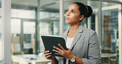Buy stock photo Planning, tablet and thinking with business woman in office for planning, problem solving or research. App, ideas and vision with corporate employee in workplace for company agenda or management