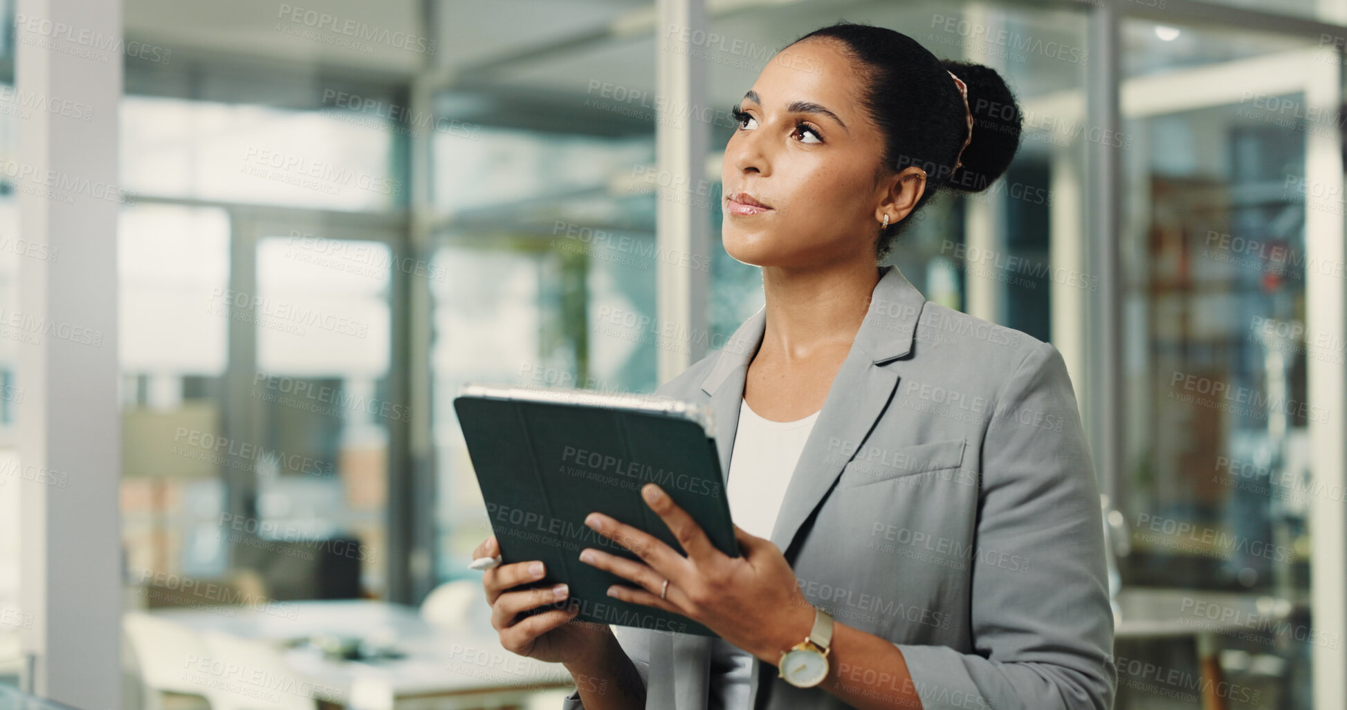 Buy stock photo Planning, tablet and thinking with business woman in office for planning, problem solving or research. App, ideas and vision with corporate employee in workplace for company agenda or management