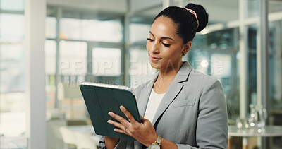 Buy stock photo Creative, woman and reading with tablet in office for research, editing article and update draft. Journalist, review and digital for breaking news, proofreading and confirm submission for publication