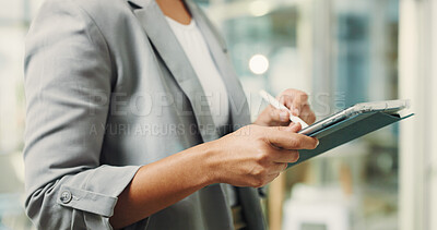 Buy stock photo Hands, woman and stylus with tablet in office for research, editing article and update draft. Journalist, writing and digital for breaking news, proofreading and confirm submission for publication