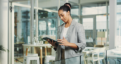 Buy stock photo Business, woman and reading with tablet in office for research, editing article and update draft. Journalist, review and digital for breaking news, proofreading and confirm submission for publication