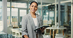 Portrait, woman or smile in office with tablet for market research, public relations or career growth. Confident, happy person or digital tech with pride for PR campaign, job opportunity or about us.