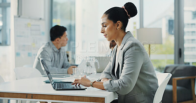Buy stock photo Financial advisor, laptop and woman in office, internet and research for stock market. People, investor or employee in workplace, computer or email for trading portfolio, connection and website info