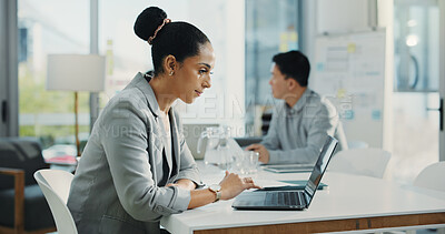 Buy stock photo Financial advisor, laptop and woman, in office, internet and research for trading portfolio. People, investor and employee with computer, website information and email for investments and connection