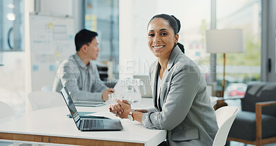 Buy stock photo Portrait, smile and business woman in office as financial consultant, about us and pride. Confidence, happy employee and person in corporate company, coworking and investment advisor with laptop