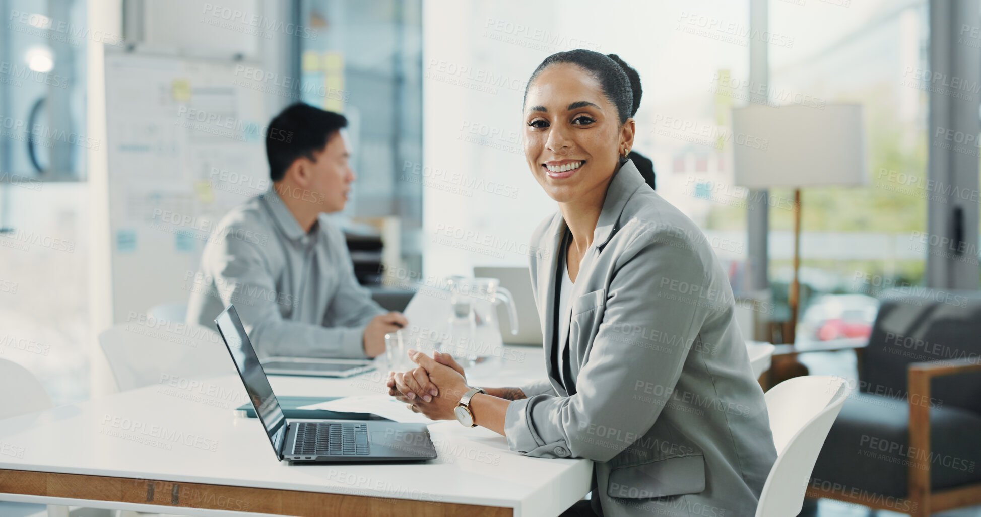 Buy stock photo Portrait, smile and business woman in office as financial consultant, about us and pride. Confidence, happy employee and person in corporate company, coworking and investment advisor with laptop