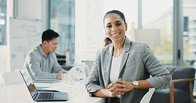 Buy stock photo Portrait, smile and business woman in company as financial consultant, about us and pride. Confidence, happy employee and person in corporate office, coworking and investment analyst with laptop