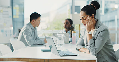 Buy stock photo Tired, businesswoman or headache in office with laptop for financial crisis, issue or problem solving. Exhausted, female person and coworking with migraine from finance challenge, bankruptcy or risk.