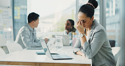 Buy stock photo Tired, businesswoman or migraine in office with laptop for financial crisis, issue or problem solving. Exhausted, female person and coworking with headache from finance challenge, bankruptcy or risk.