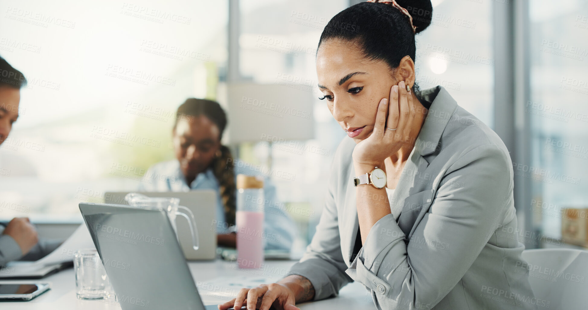 Buy stock photo Financial advisor, laptop and woman in office, thinking and research for stock market. People, solution and investor in workplace, computer or email for trading portfolio, connection and planning