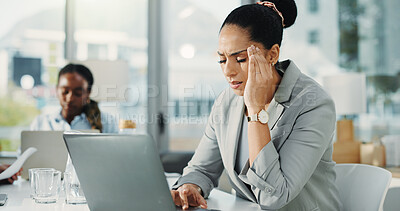 Buy stock photo Upset, businesswoman or headache in office with laptop for financial crisis, issue or problem solving. Tired female person, migraine and coworking with computer, finance challenge or bankruptcy risk.