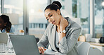 Businesswoman, neck pain or laptop in office with fatigue from financial crisis, issue or fibromyalgia. Exhausted,  female person or muscle tension with computer, finance challenge or bankruptcy risk