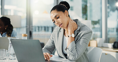 Buy stock photo Businesswoman, neck pain or laptop in office with fatigue from financial crisis, issue or fibromyalgia. Exhausted,  female person or muscle tension with computer, finance challenge or bankruptcy risk