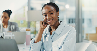 Buy stock photo Portrait, smile and business woman in workplace as financial consultant, about us and pride. Confidence, happy employee and person in company, coworking and investment analyst with opportunity