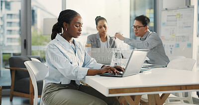 Buy stock photo Financial advisor, laptop and woman, in workplace, typing and research for stock market. People, investor and employee with pc, revenue audit and email for trading portfolio and database analysis