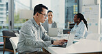 Businessman, project manager and laptop with team for schedule plan or setting deadline in office. Man, coordinator or typing with computer for task delegation, company budget or agenda in workplace