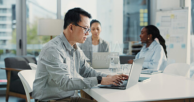 Buy stock photo Businessman, project manager and laptop with team for schedule plan or setting deadline in office. Man, coordinator or typing with computer for task delegation, company budget or agenda in workplace