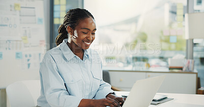 Buy stock photo Laptop, smile and typing with business black woman at desk in office for financial accounting. Computer, finance and report with happy African employee in workplace for budget or risk management