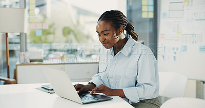 Buy stock photo Financial agency, laptop and woman in office, internet and research for stock market increase. Website info, investor or employee with pc, clean audit or email for trading portfolio and connection