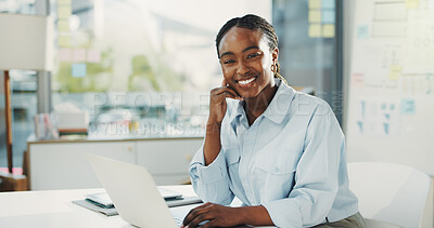 Buy stock photo Business, laptop and portrait of happy black woman in office as financial analyst, about us or pride. Computer, employee and confident person in company for investment analysis with career in Kenya