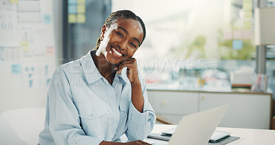 Buy stock photo Business, laptop and happy black woman with financial analyst, about us or pride in office. Computer, employee and portrait of confident person in company for investment analysis with career in Kenya