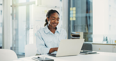 Buy stock photo Financial advisor, laptop and black woman in office, internet and research for investment. African person, investor or employee with pc, network or email for trading portfolio, connection and smile