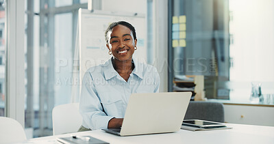 Buy stock photo Business, laptop and happy black woman in company as insurance broker, about us or opportunity. Computer, employee and portrait of confident person in office as claims consultant with pride in Kenya