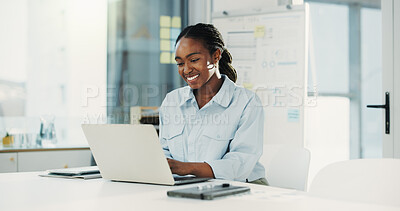 Buy stock photo Laptop, report and typing with business black woman at desk in office for financial accounting. Computer, finance and smile with happy African employee in workplace for budget or risk management
