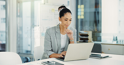 Buy stock photo Thinking, laptop and businesswoman in office with research for stock market investment for company. Computer, ideas and female financial manager working on finance budget with planning in workplace.