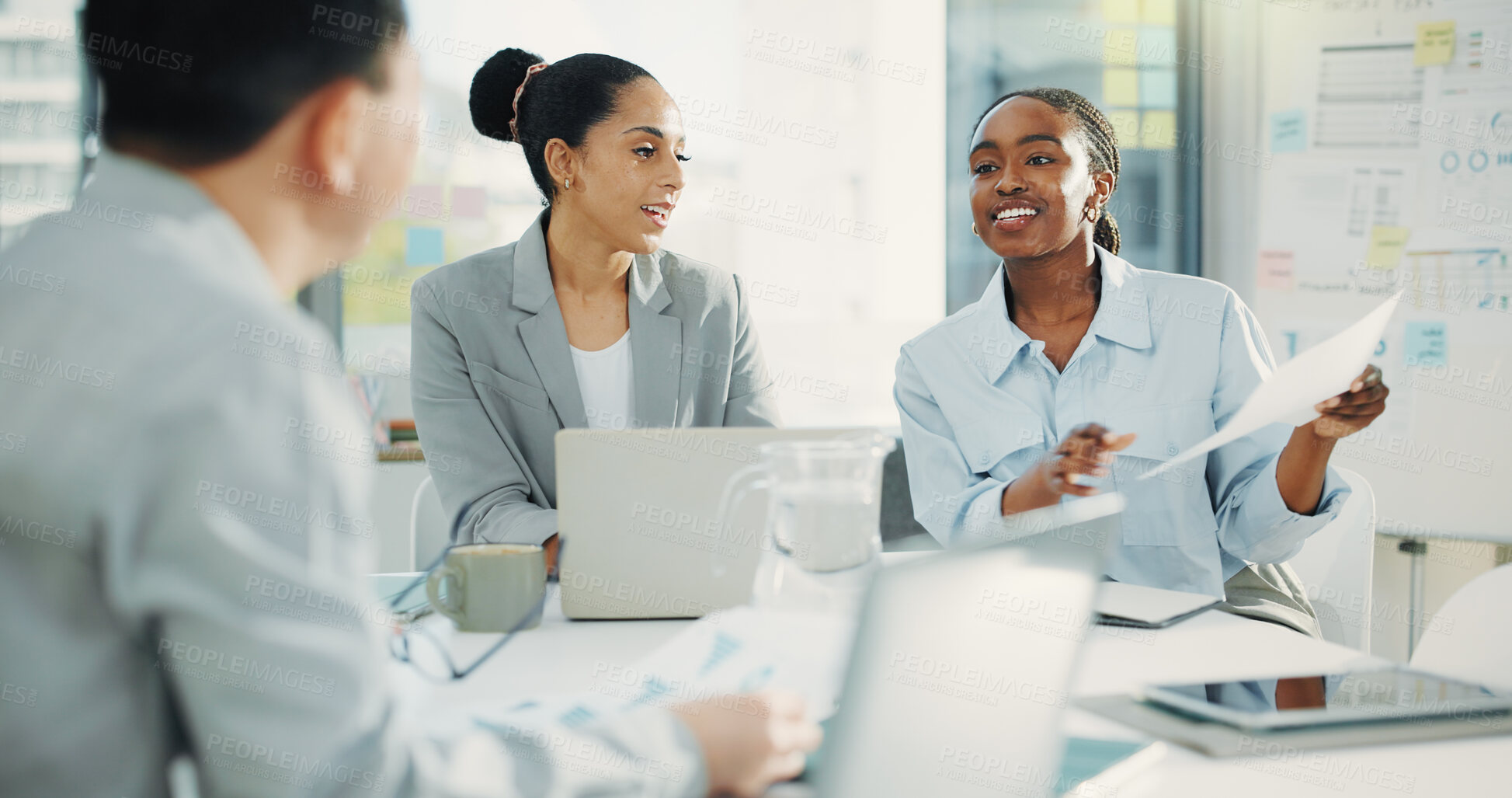 Buy stock photo Business people, paperwork and meeting with team for proposal, finance or accounting report in office. Group of employees, document and discussion for company revenue, profit or financial growth