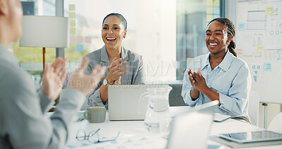 Buy stock photo Excited, business people and meeting with applause for winning, success or well done in office. Happy group, employees or colleagues clapping with smile, laptop or documents for project completion