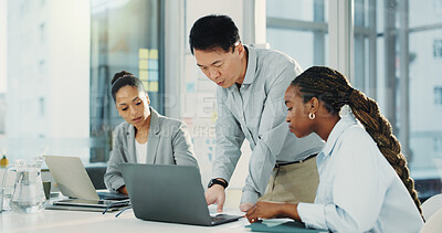 Buy stock photo Business people, laptop and meeting with review for proposal, finance or accounting report in office. Group of employees, technology and discussion for company revenue, profit or financial growth